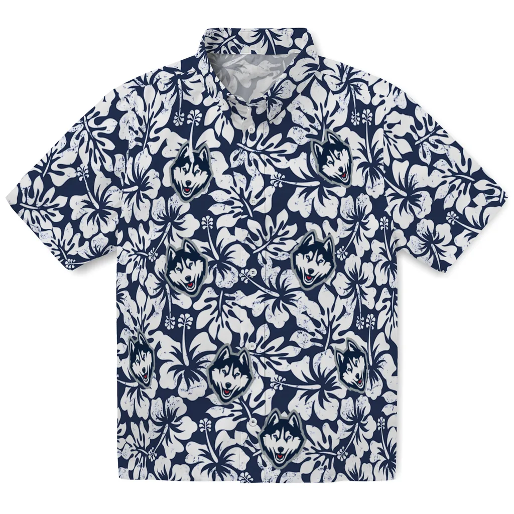 UConn Huskies Hawaiian Shirt - Hibiscus Motif uconn huskies hibiscus motif blue white hawaiian shirts best selling