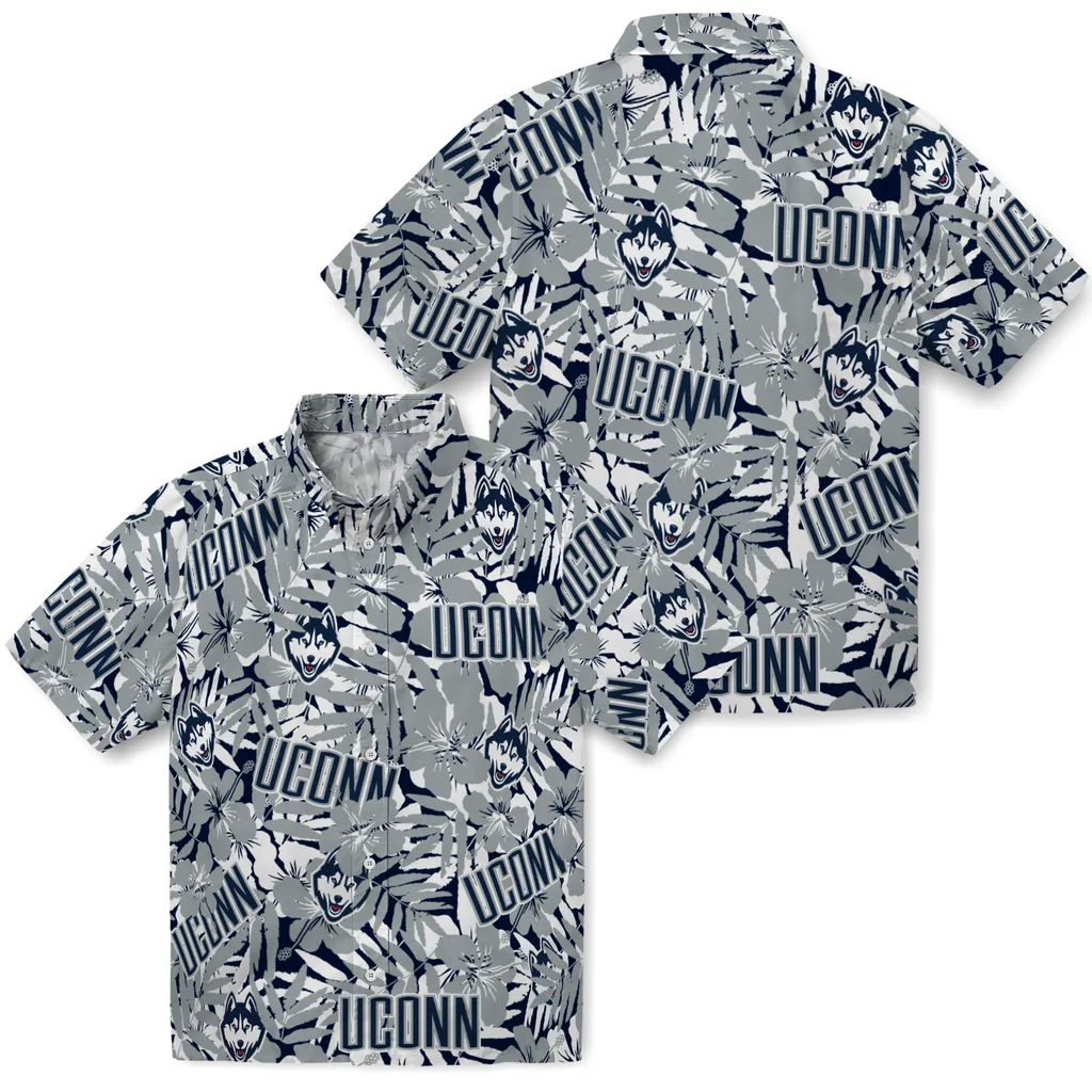 UConn Huskies Hawaiian Shirt - Hibiscus Overlay uconn huskies hibiscus overlay hawaiian shirts high quality