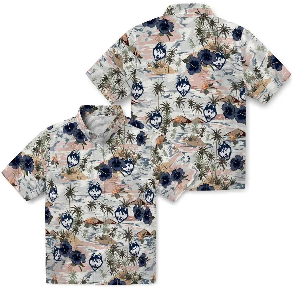 UConn Huskies Hawaiian Shirt - Hibiscus Seaside uconn huskies hibiscus seaside white hawaiian shirts high quality