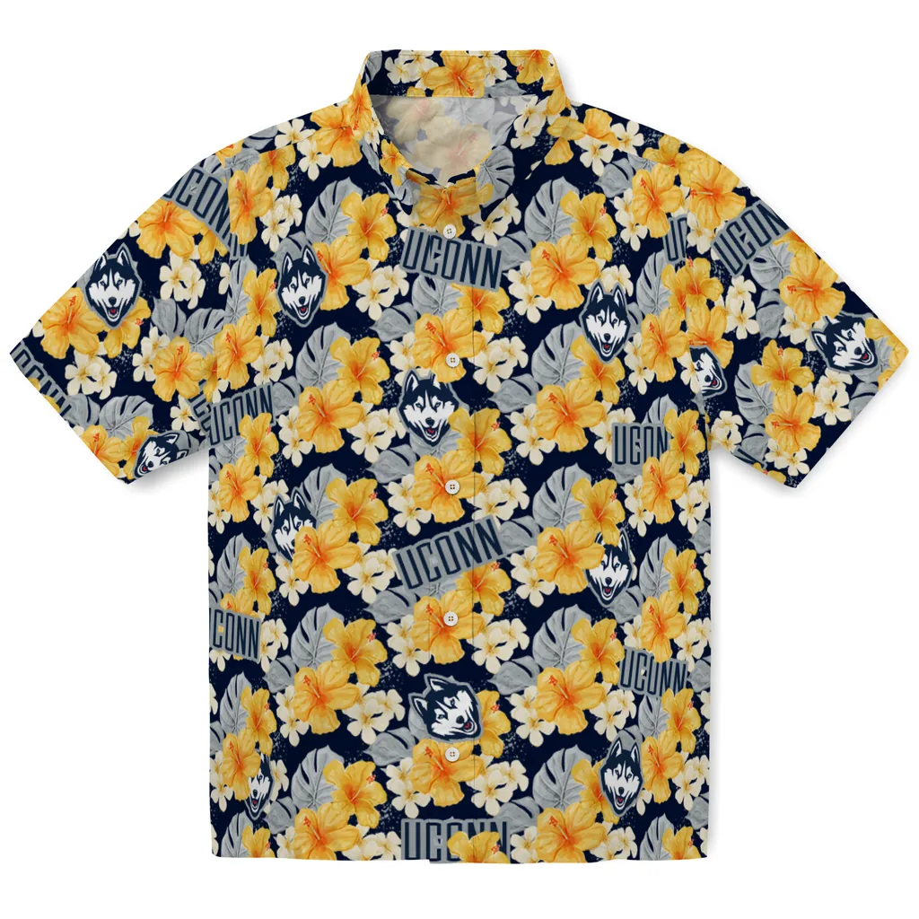 UConn Huskies Hawaiian Shirt - Hibiscus Tropics uconn huskies hibiscus tropics blue yellow hawaiian shirts best selling
