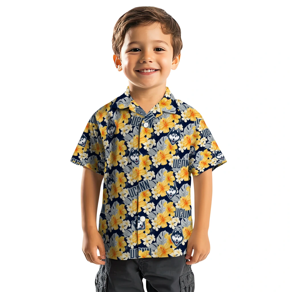 UConn Huskies Hawaiian Shirt - Hibiscus Tropics uconn huskies hibiscus tropics blue yellow hawaiian shirts top rated