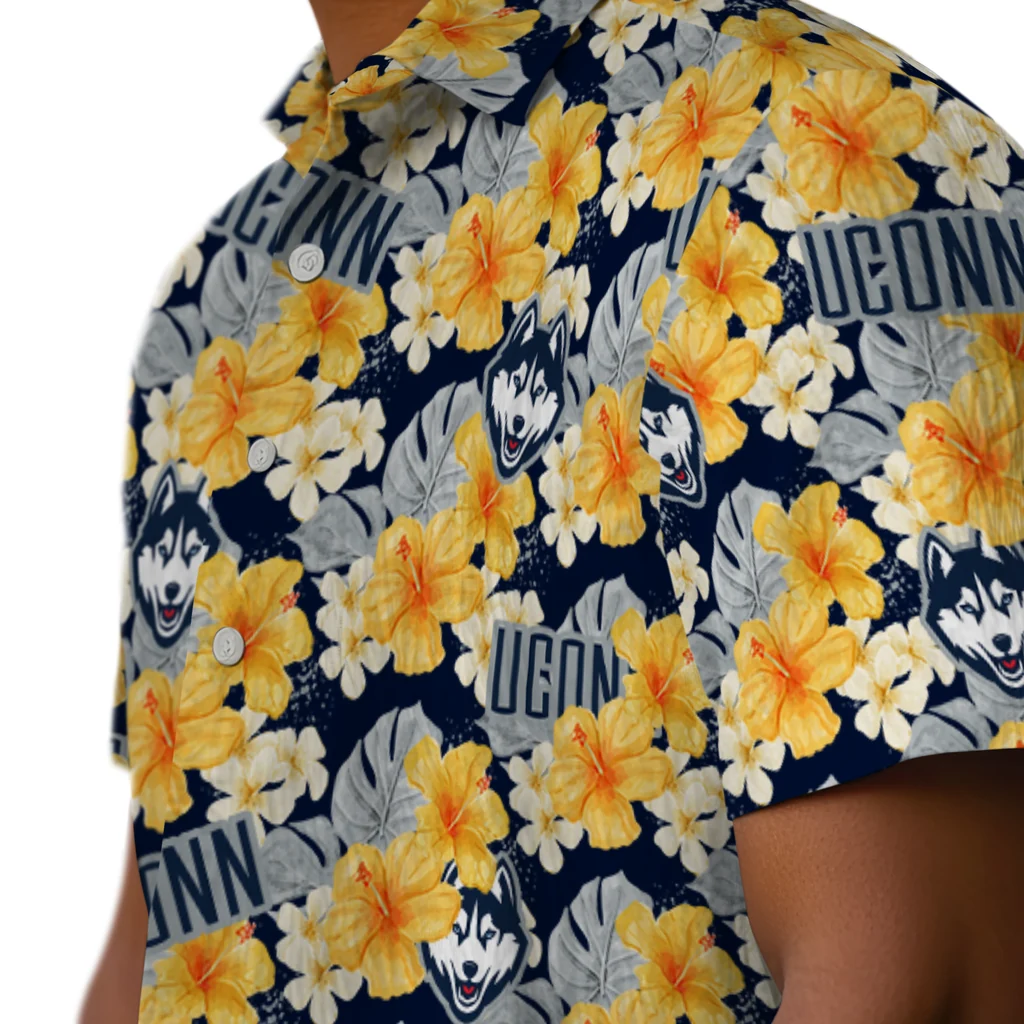 UConn Huskies Hawaiian Shirt - Hibiscus Tropics uconn huskies hibiscus tropics blue yellow hawaiian shirts trendy