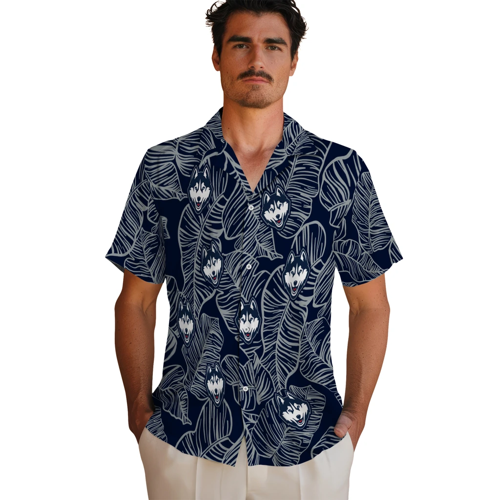 UConn Huskies Hawaiian Shirt - Leaf Outline uconn huskies leaf outline blue hawaiian shirts fashion forward