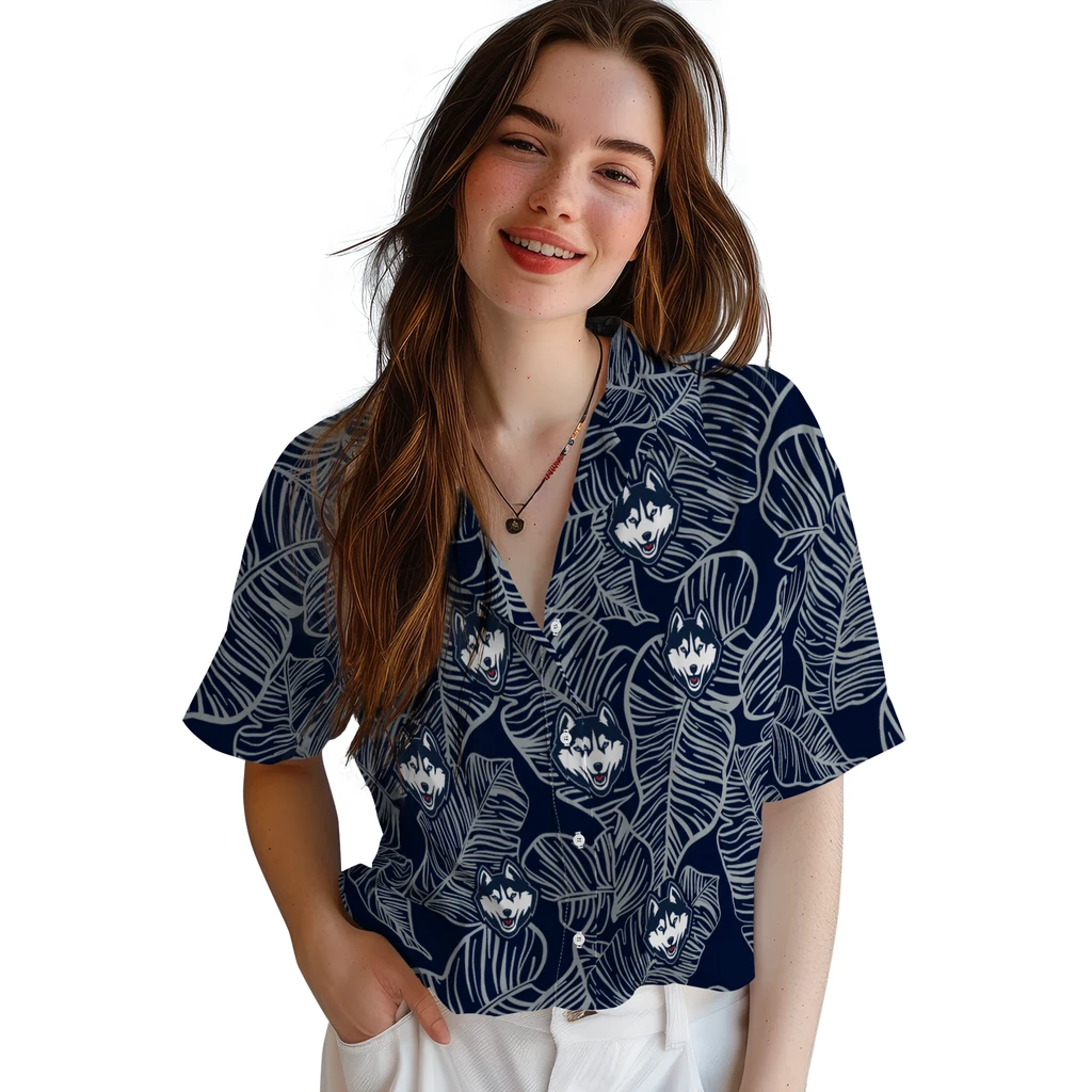 UConn Huskies Hawaiian Shirt - Leaf Outline uconn huskies leaf outline blue hawaiian shirts latest model
