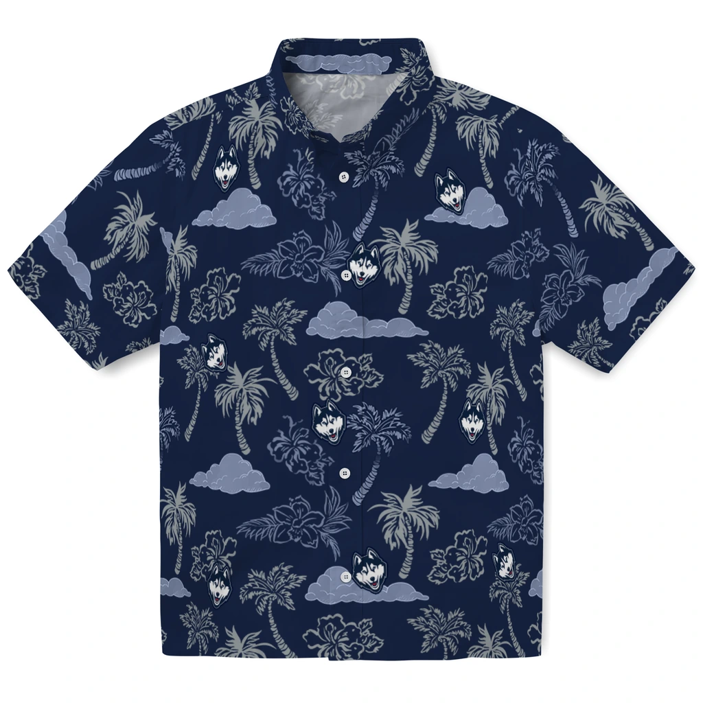 UConn Huskies Hawaiian Shirt - Palm And Clouds uconn huskies palm and clouds blue hawaiian shirts best selling