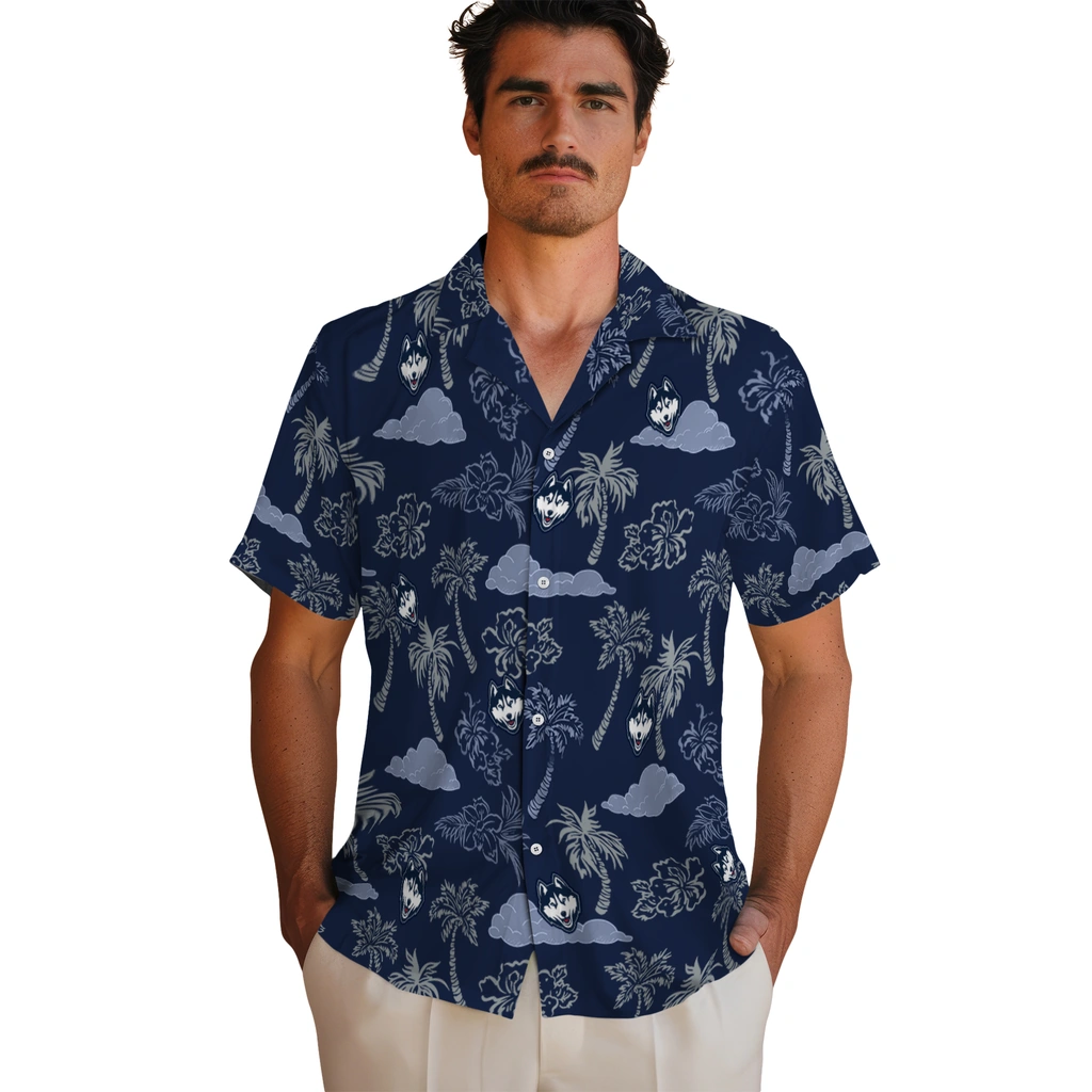 UConn Huskies Hawaiian Shirt - Palm And Clouds uconn huskies palm and clouds blue hawaiian shirts fashion forward