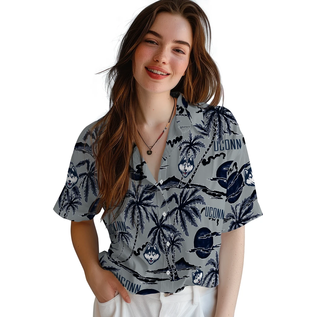 UConn Huskies Hawaiian Shirt - Palm Sunset uconn huskies palm sunset hawaiian shirts latest model