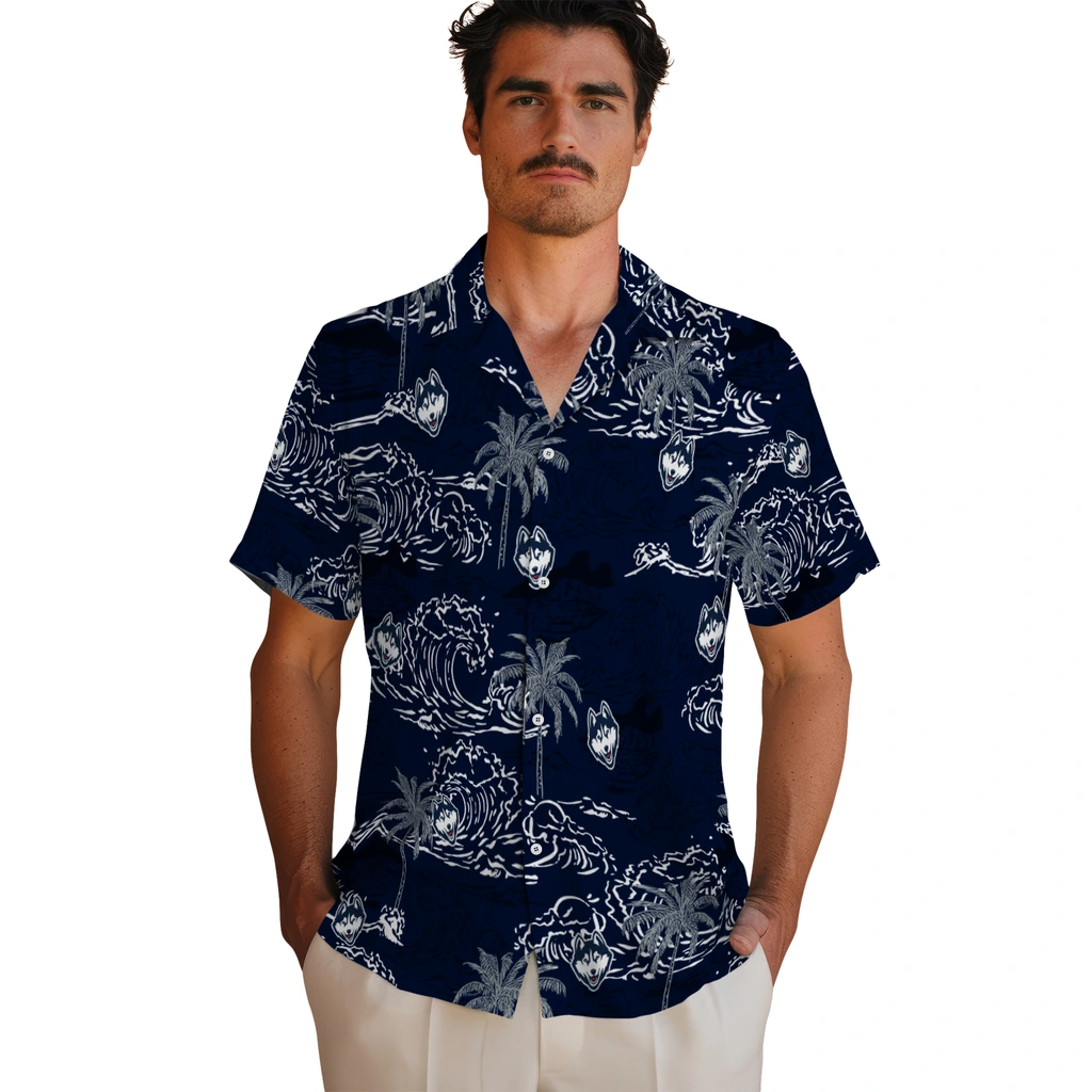 UConn Huskies Hawaiian Shirt - Wave Palm uconn huskies wave palm blue hawaiian shirts fashion forward