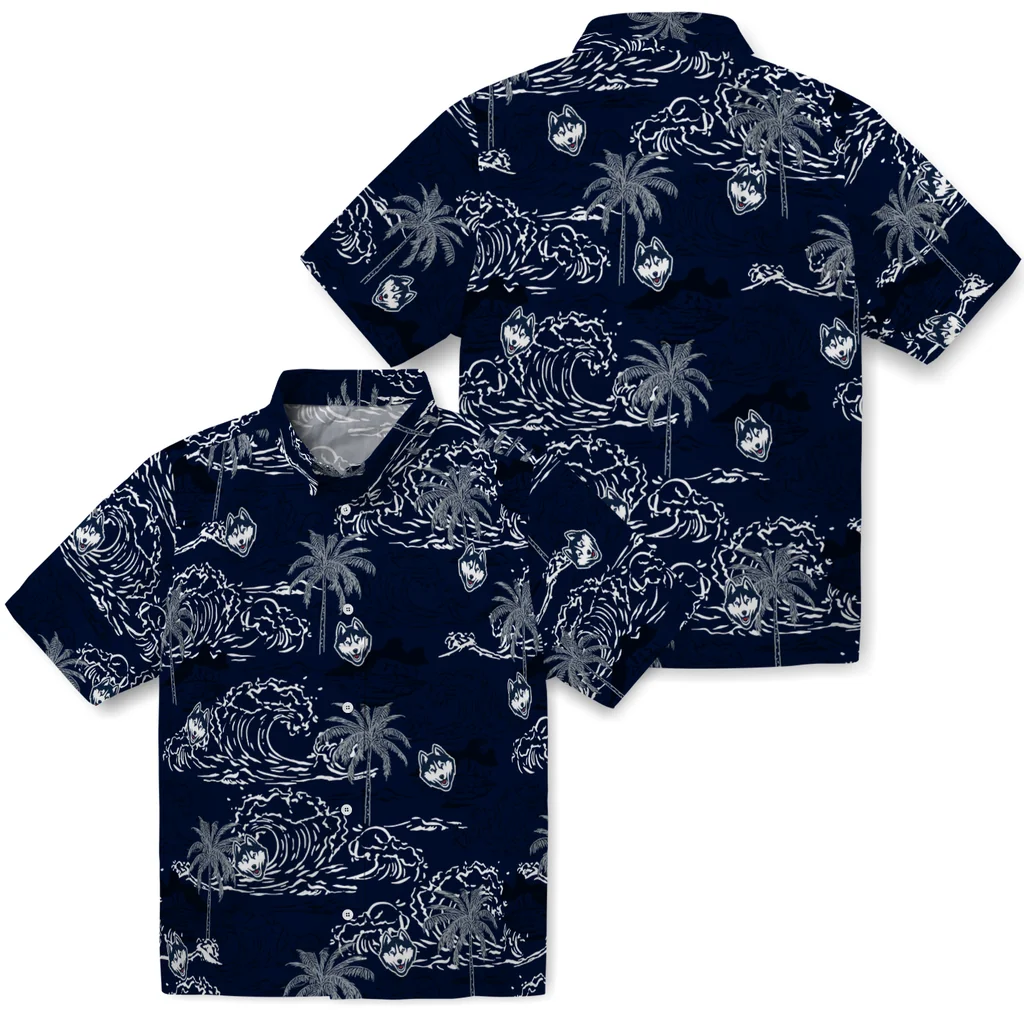 UConn Huskies Hawaiian Shirt - Wave Palm uconn huskies wave palm blue hawaiian shirts high quality