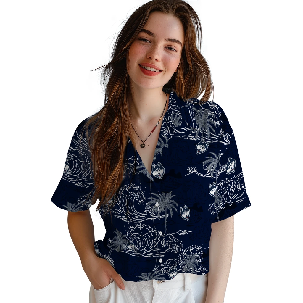 UConn Huskies Hawaiian Shirt - Wave Palm uconn huskies wave palm blue hawaiian shirts latest model
