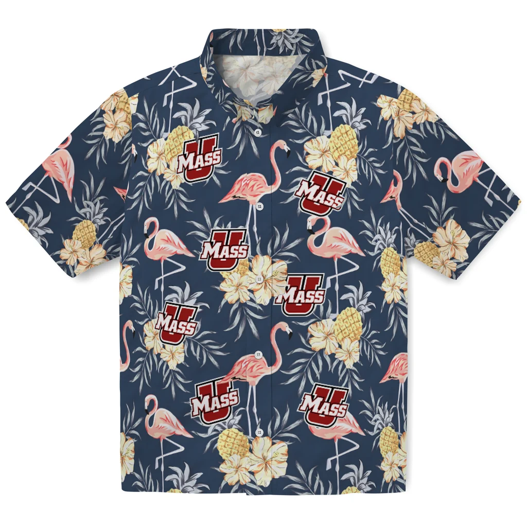 UMass Minutemen Hawaiian Shirt - Flamingo Hibiscus umass minutemen flamingo hibiscus navy hawaiian shirts best selling