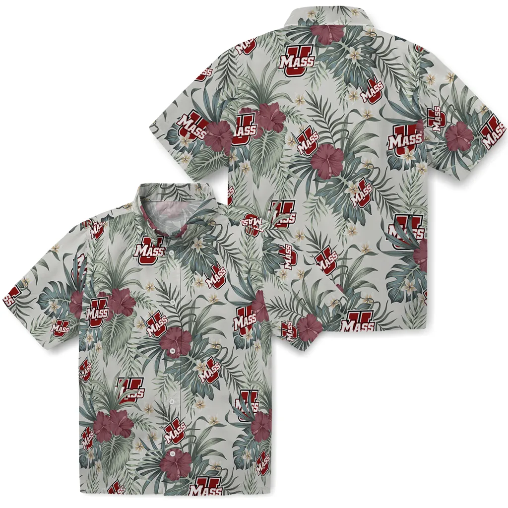 UMass Minutemen Hawaiian Shirt - Hibiscus Designs umass minutemen hibiscus designs beige hawaiian shirts high quality