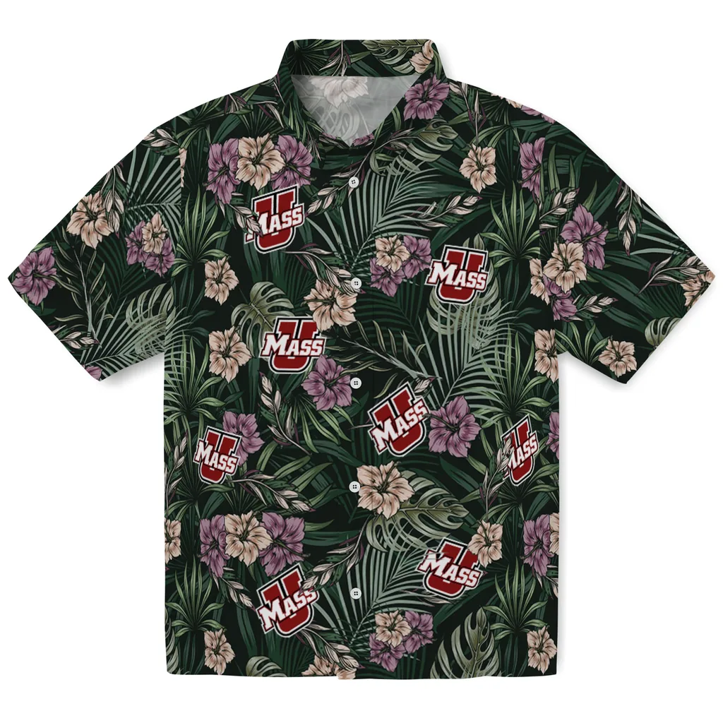UMass Minutemen Hawaiian Shirt - Hibiscus Leaves Pattern umass minutemen hibiscus leaves pattern green hawaiian shirts best selling