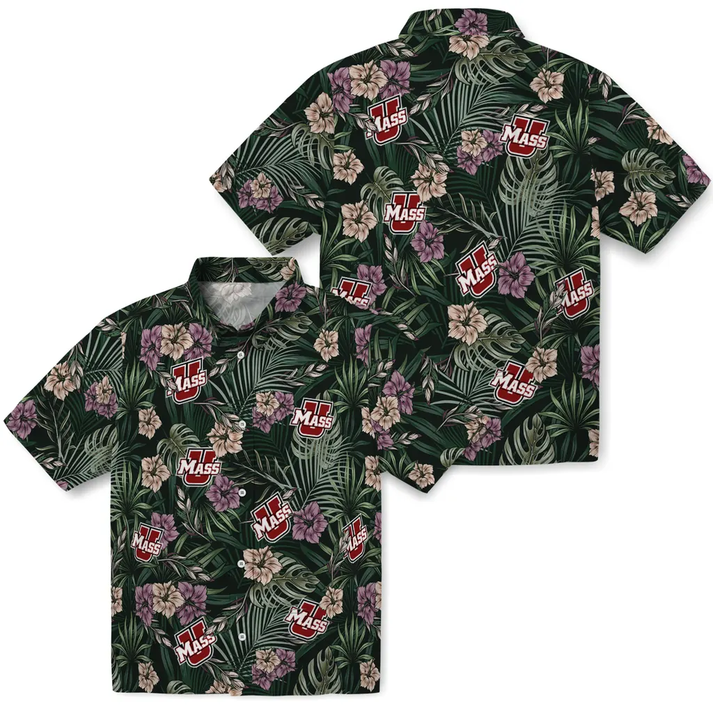 UMass Minutemen Hawaiian Shirt - Hibiscus Leaves Pattern umass minutemen hibiscus leaves pattern green hawaiian shirts high quality