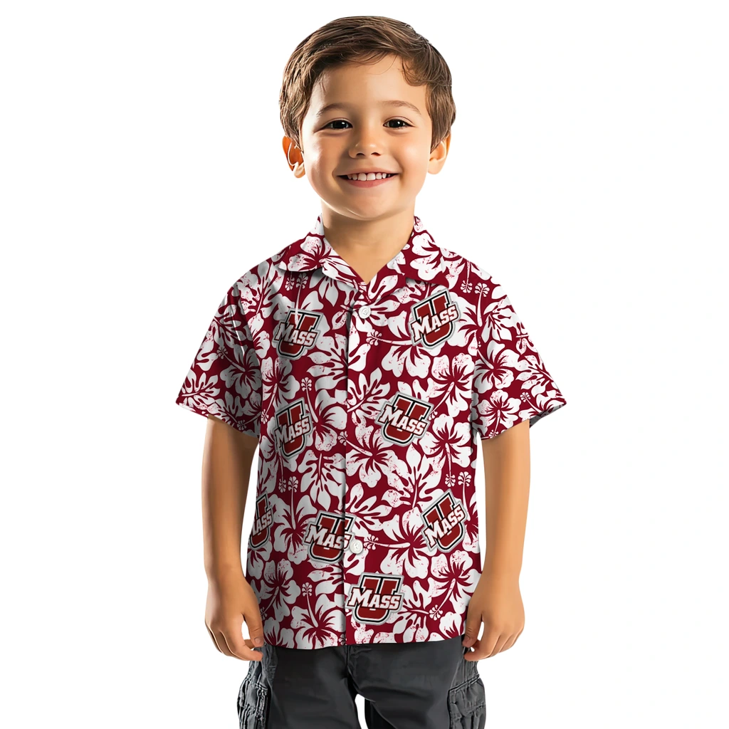 UMass Minutemen Hawaiian Shirt - Hibiscus Motif umass minutemen hibiscus motif red white hawaiian shirts top rated