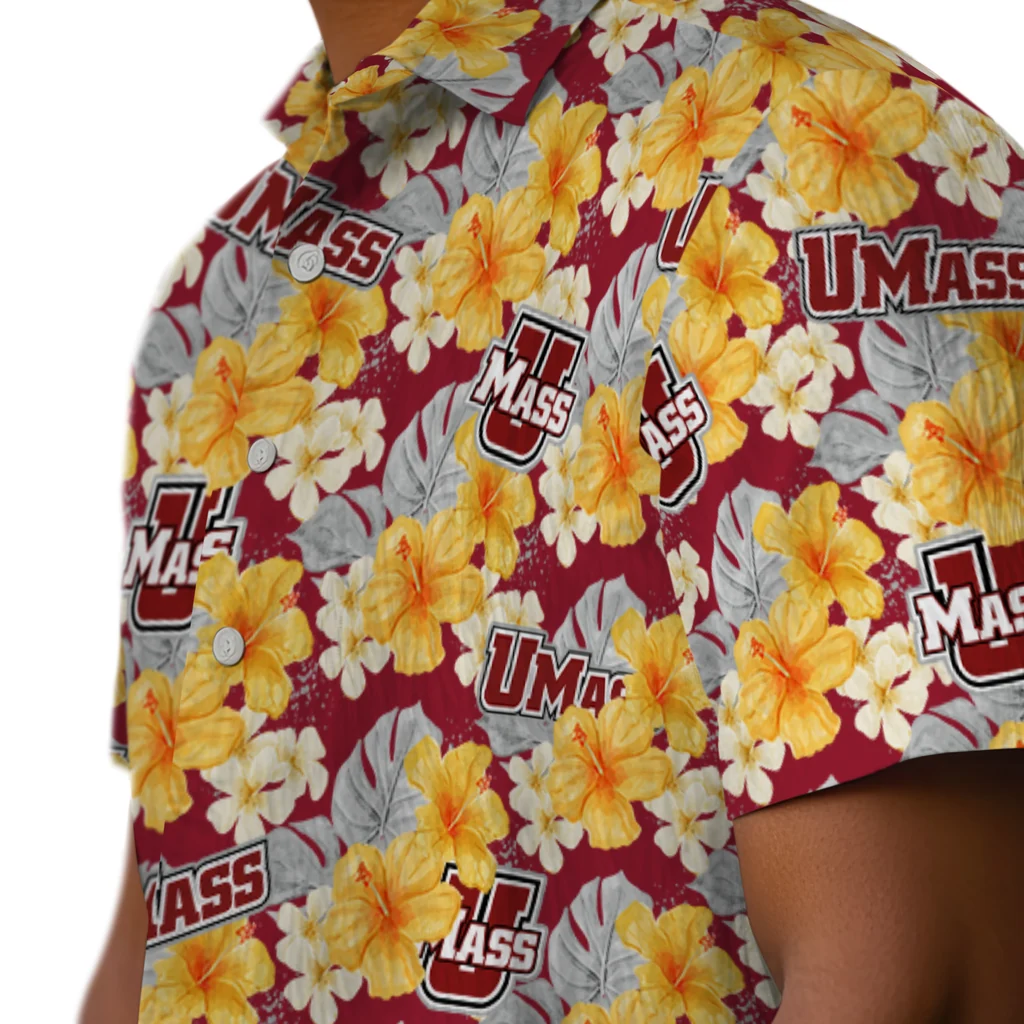 UMass Minutemen Hawaiian Shirt - Hibiscus Tropics umass minutemen hibiscus tropics red yellow hawaiian shirts trendy