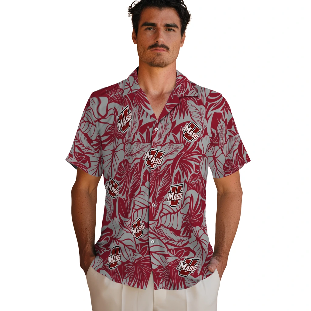 UMass Minutemen Hawaiian Shirt - Monstera Layer umass minutemen monstera layer red hawaiian shirts fashion forward