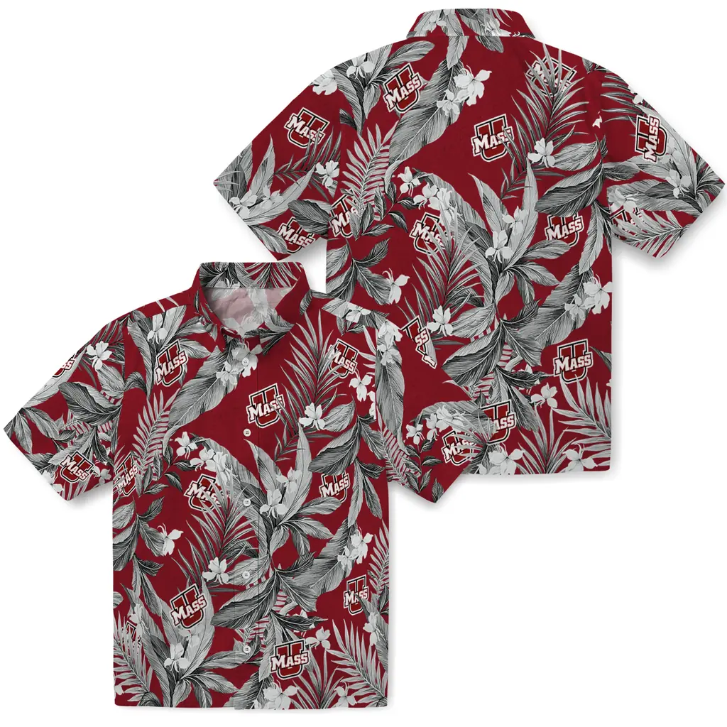 UMass Minutemen Hawaiian Shirt - Palm Leaves umass minutemen palm leaves red hawaiian shirts high quality