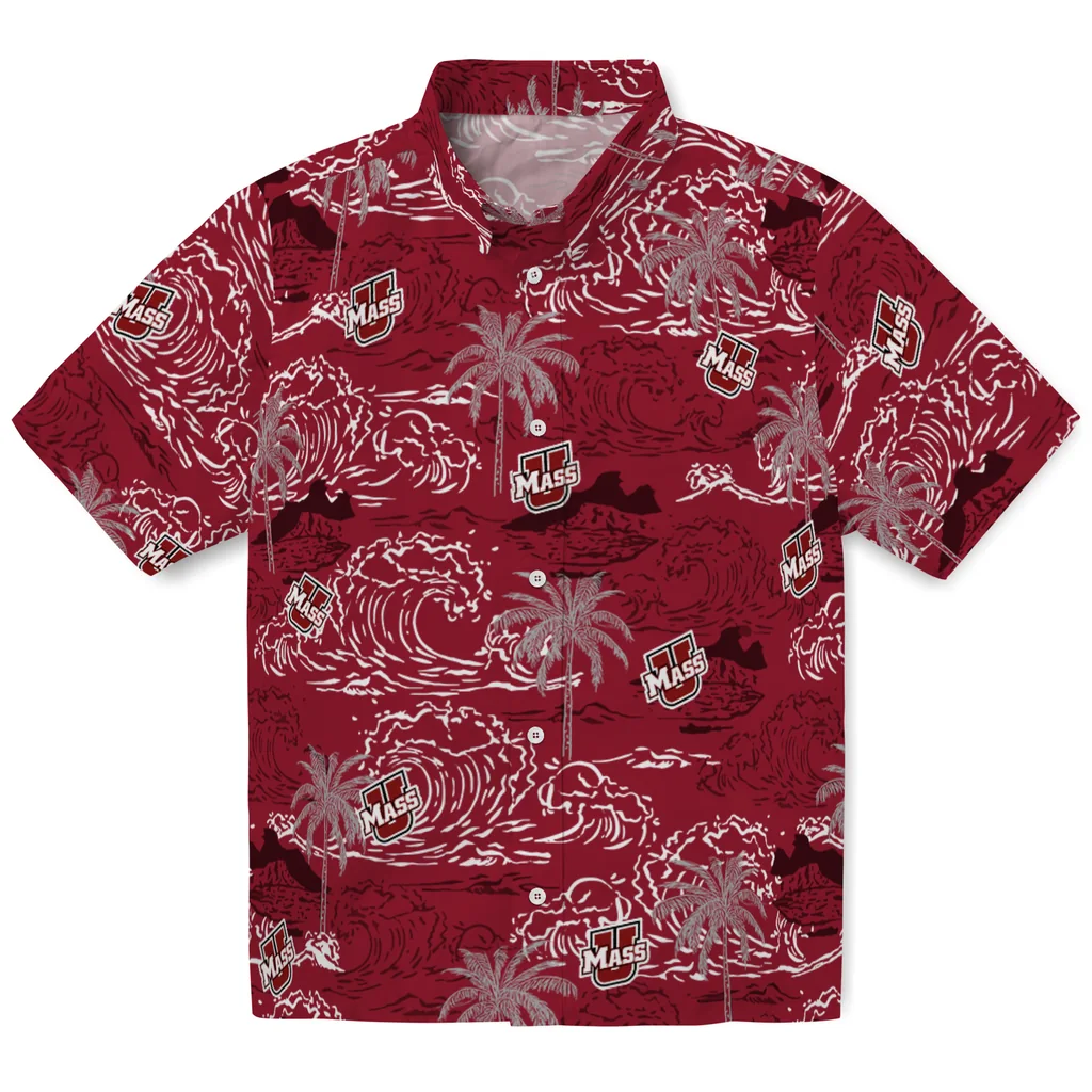 UMass Minutemen Hawaiian Shirt - Wave Palm umass minutemen wave palm red hawaiian shirts best selling