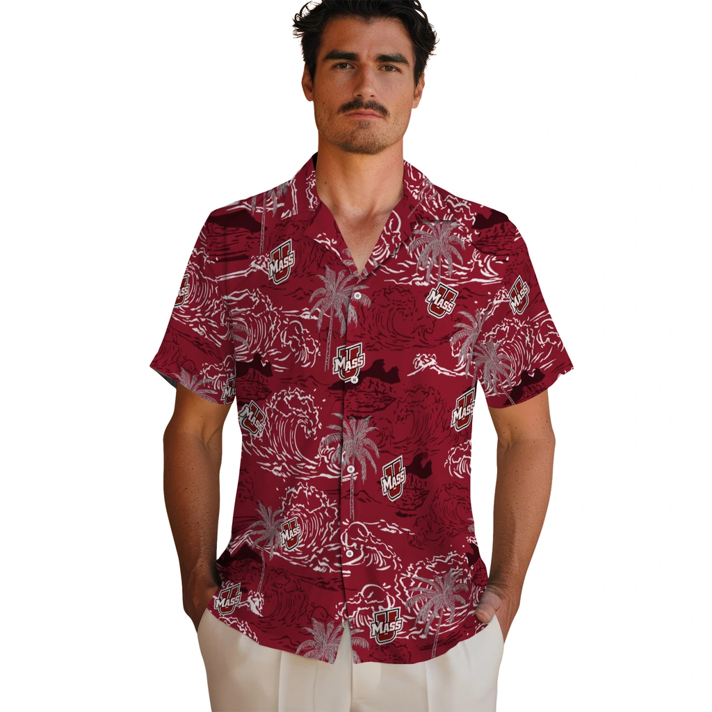 UMass Minutemen Hawaiian Shirt - Wave Palm umass minutemen wave palm red hawaiian shirts fashion forward