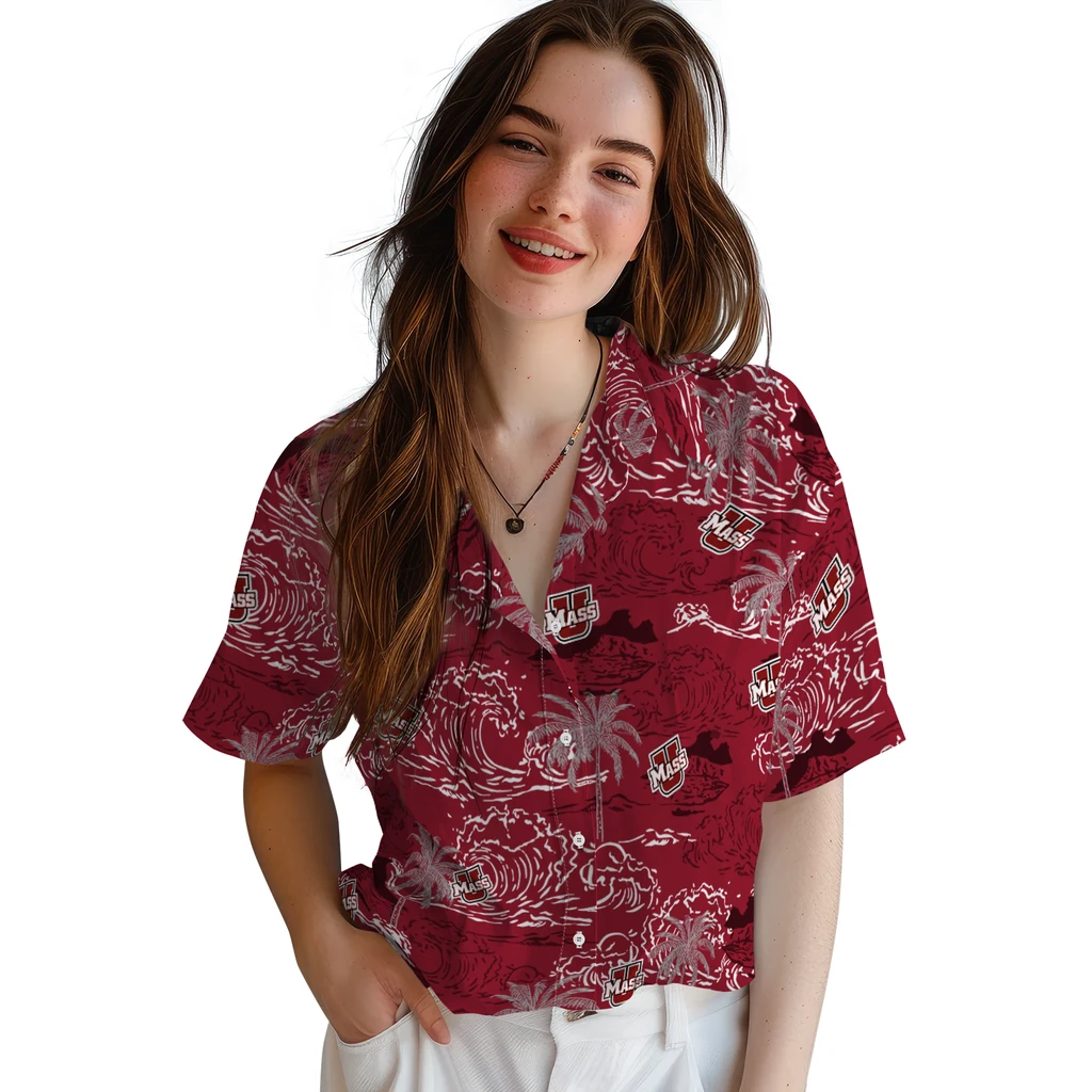 UMass Minutemen Hawaiian Shirt - Wave Palm umass minutemen wave palm red hawaiian shirts latest model