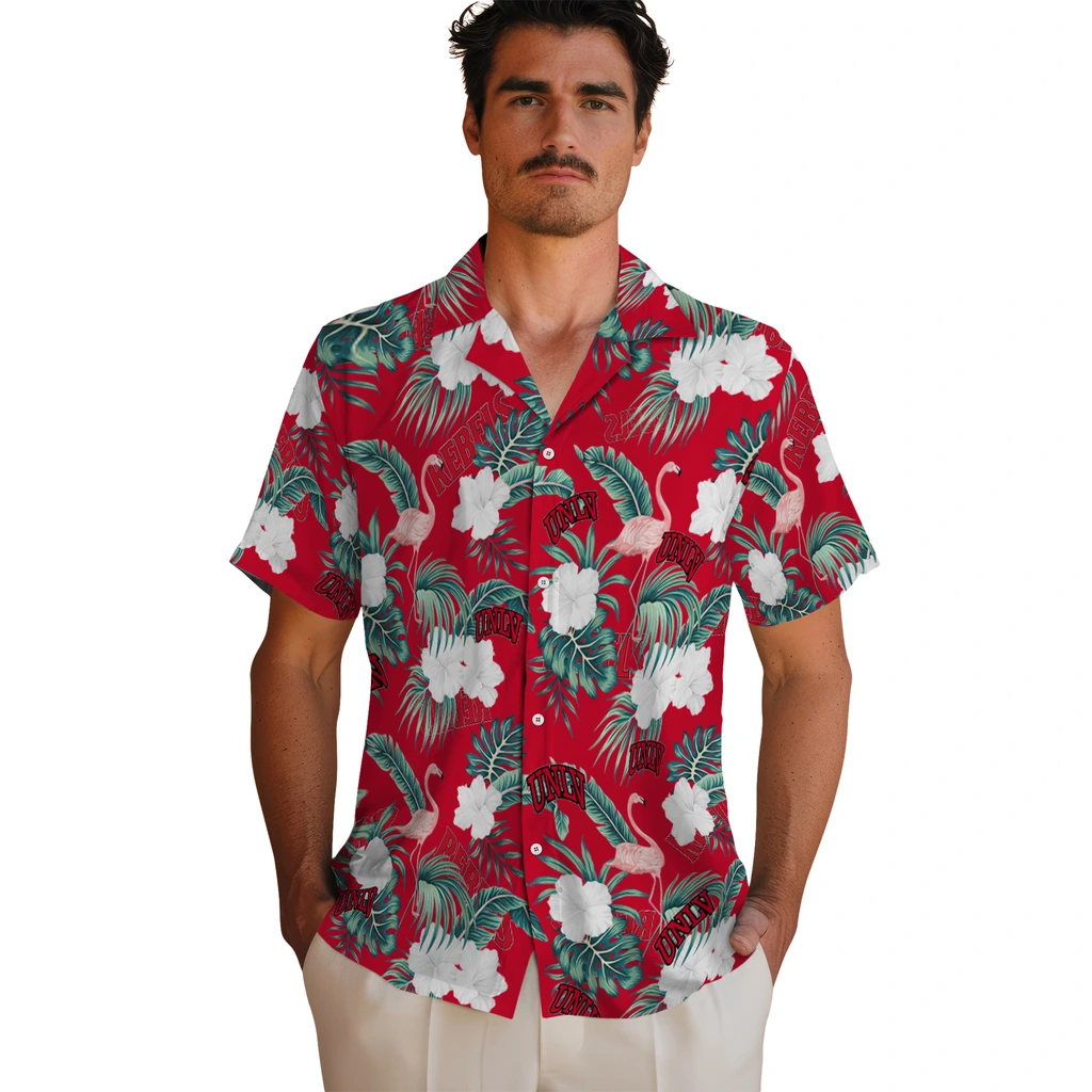 UNLV Rebels Hawaiian Shirt - Flamingo and Hibiscus unlv rebels flamingo palms red hawaiian shirts fashion forward