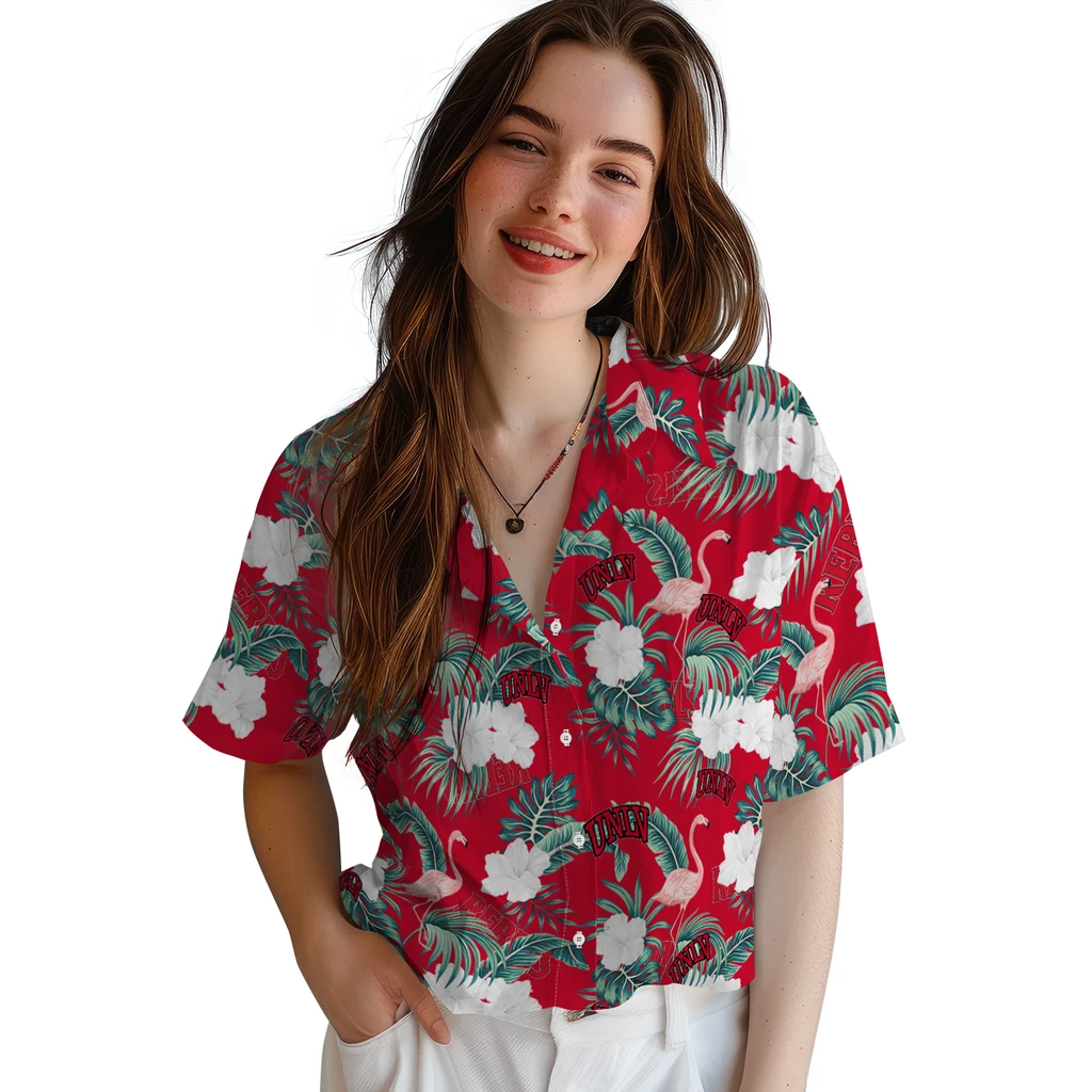 UNLV Rebels Hawaiian Shirt - Flamingo and Hibiscus unlv rebels flamingo palms red hawaiian shirts latest model