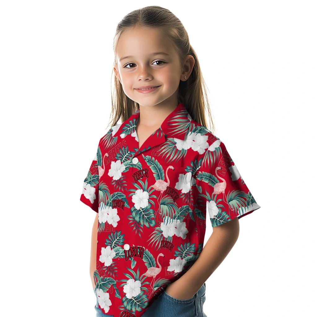 UNLV Rebels Hawaiian Shirt - Flamingo and Hibiscus unlv rebels flamingo palms red hawaiian shirts premium grade