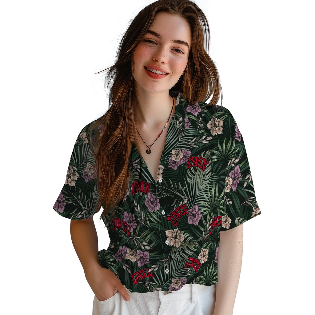 UNLV Rebels Hawaiian Shirt - Hibiscus Leaves Pattern unlv rebels hibiscus leaves pattern green hawaiian shirts latest model