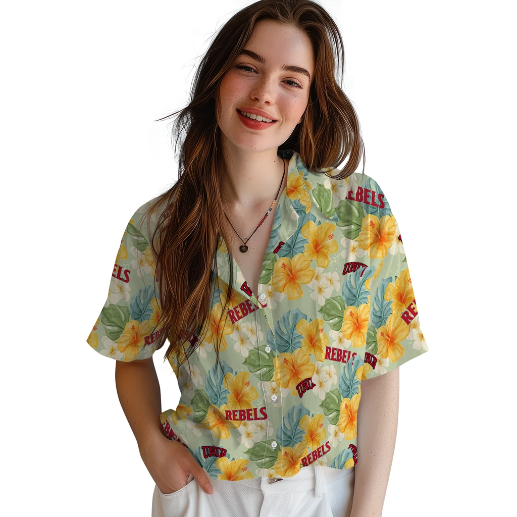 UNLV Rebels Hawaiian Shirt - Hibiscus Mood unlv rebels hibiscus mood pale lime yellow hawaiian shirts latest model