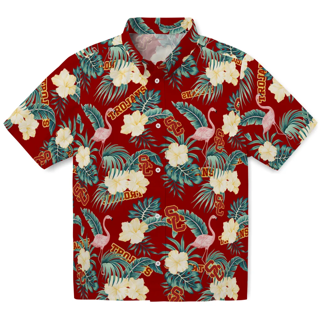 USC Trojans Hawaiian Shirt - Flamingo and Hibiscus usc trojans flamingo palms red hawaiian shirts best selling