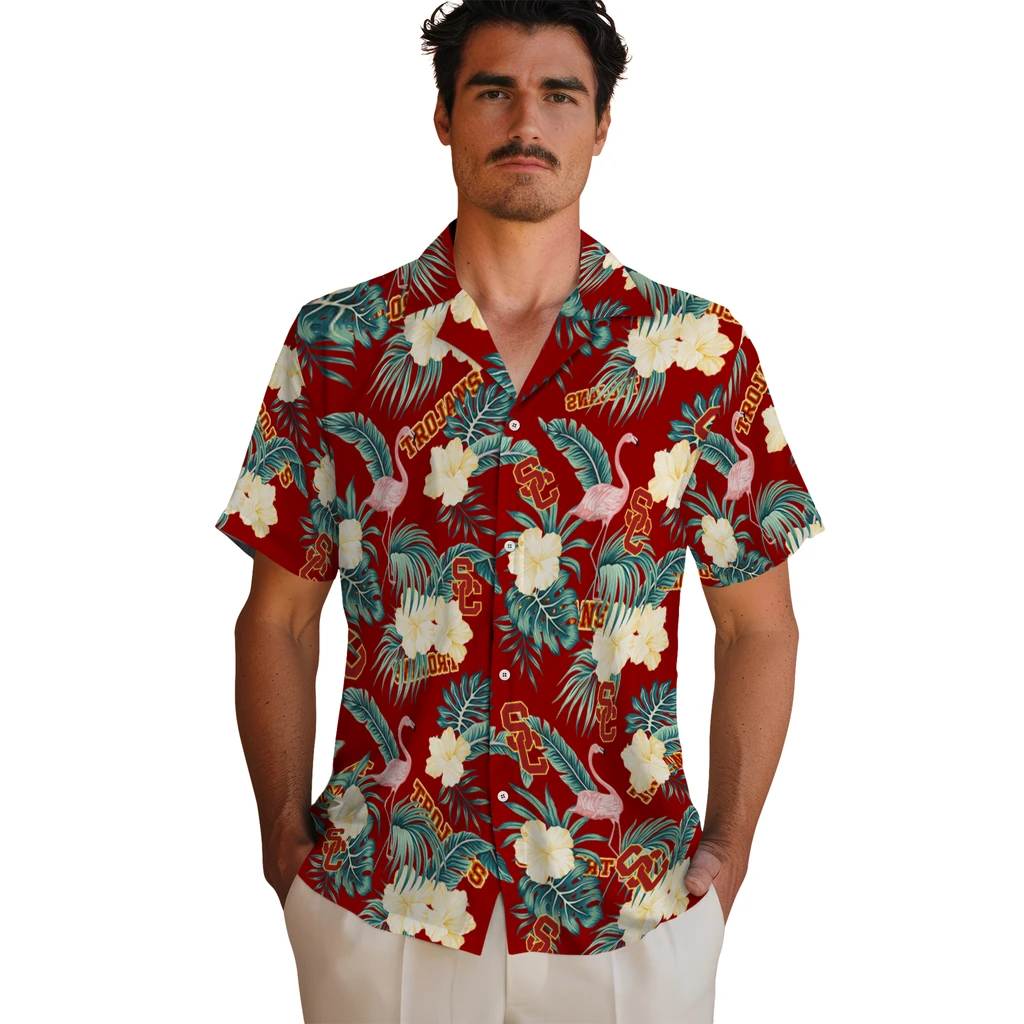 USC Trojans Hawaiian Shirt - Flamingo and Hibiscus usc trojans flamingo palms red hawaiian shirts fashion forward