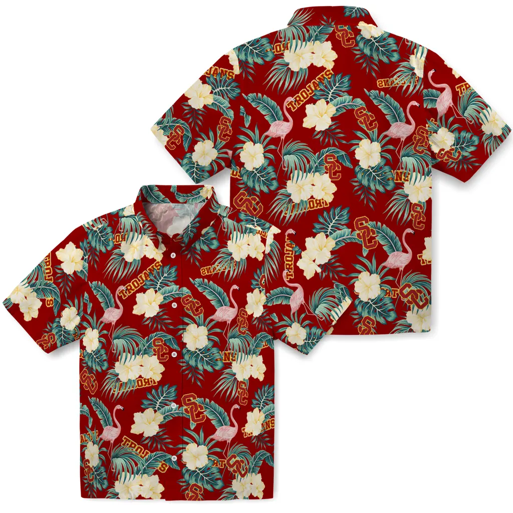 USC Trojans Hawaiian Shirt - Flamingo and Hibiscus usc trojans flamingo palms red hawaiian shirts high quality