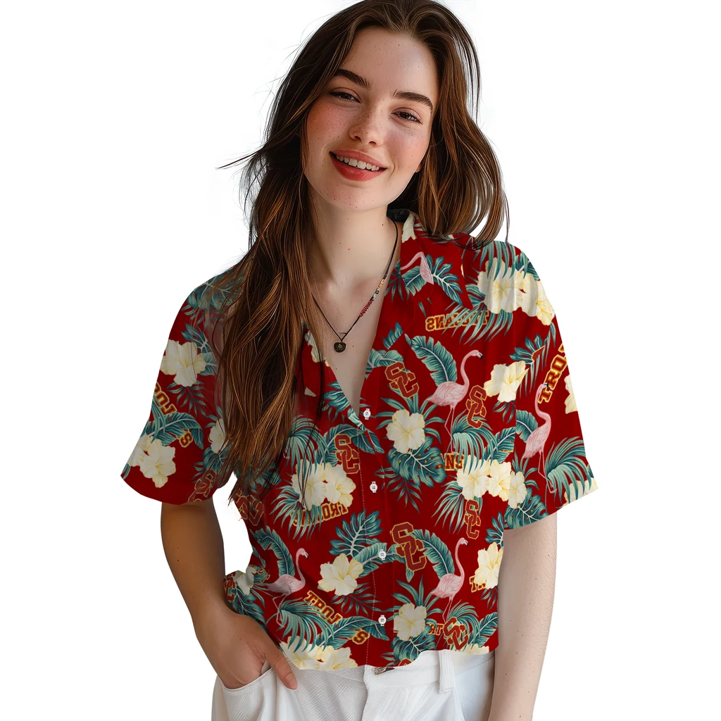 USC Trojans Hawaiian Shirt - Flamingo and Hibiscus usc trojans flamingo palms red hawaiian shirts latest model