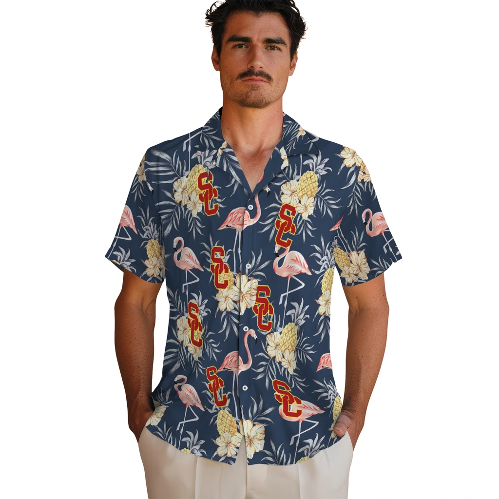 USC Trojans Hawaiian Shirt - Flamingo Hibiscus usc trojans flamingo hibiscus navy hawaiian shirts fashion forward