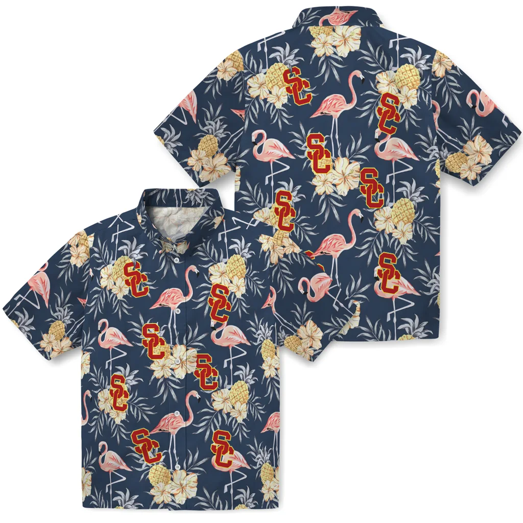 USC Trojans Hawaiian Shirt - Flamingo Hibiscus usc trojans flamingo hibiscus navy hawaiian shirts high quality