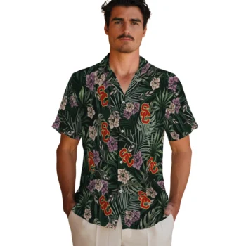 usc trojans hibiscus leaves pattern green hawaiian shirts fashion forward