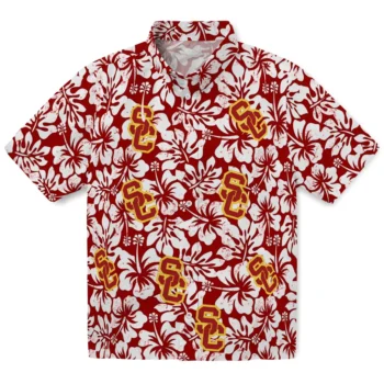 usc trojans hibiscus motif red white hawaiian shirts best selling