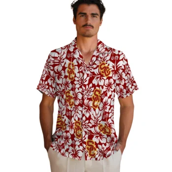 usc trojans hibiscus motif red white hawaiian shirts fashion forward