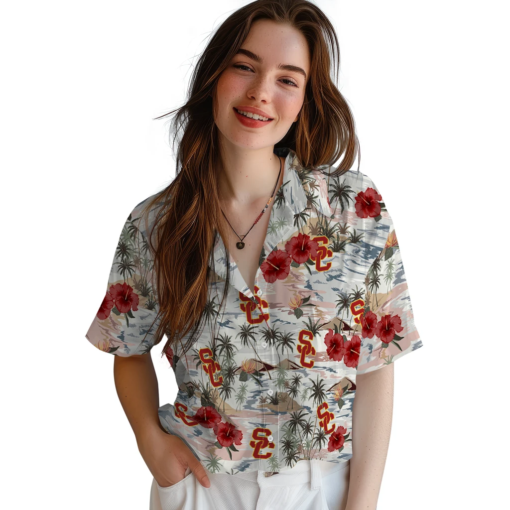 USC Trojans Hawaiian Shirt - Hibiscus Seaside usc trojans hibiscus seaside white hawaiian shirts latest model