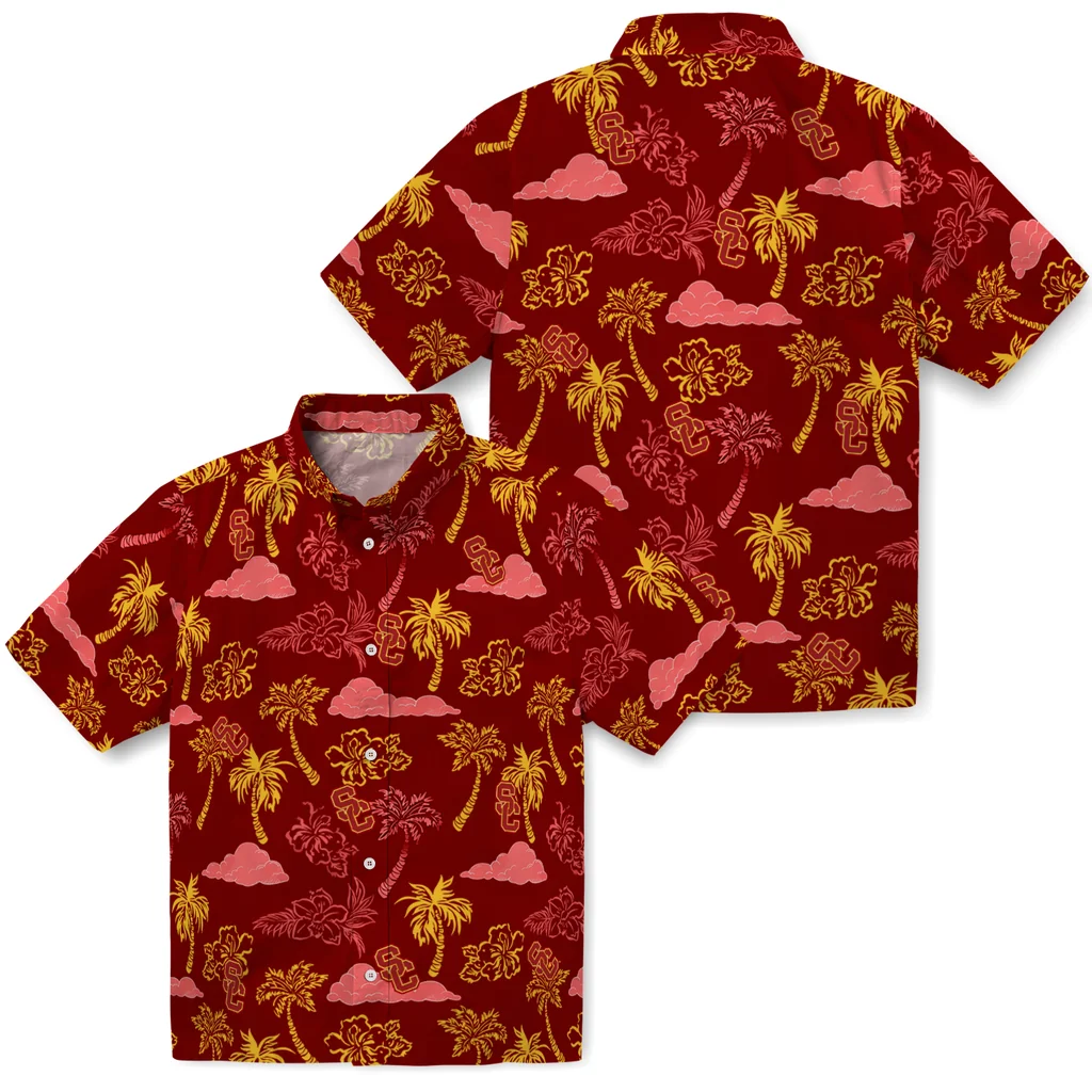 USC Trojans Hawaiian Shirt - Palm And Clouds usc trojans palm and clouds red hawaiian shirts high quality