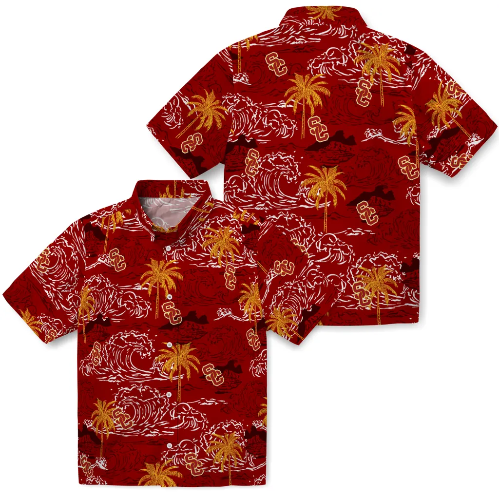 USC Trojans Hawaiian Shirt - Wave Palm usc trojans wave palm red hawaiian shirts high quality