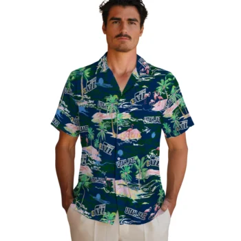 utah jazz flamingo retreat navy hawaiian shirts fashion forward