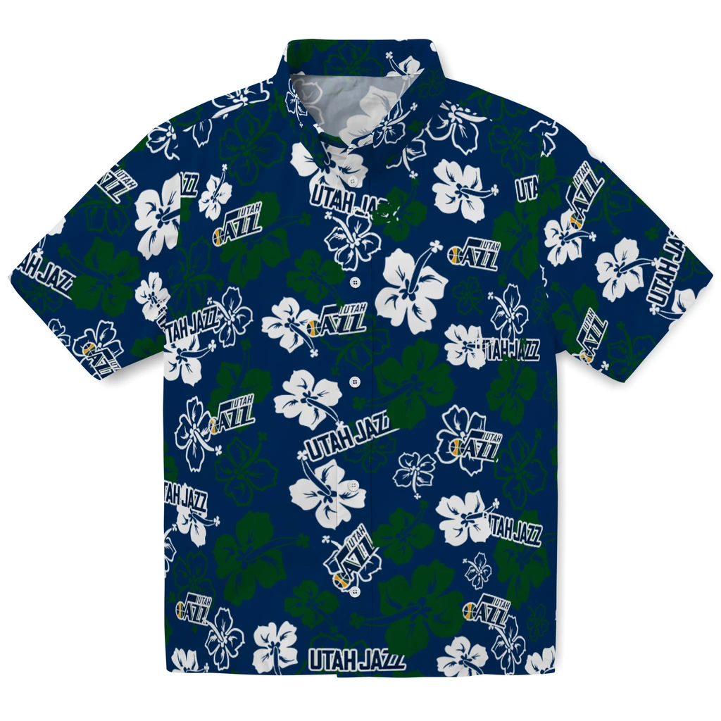 Utah Jazz Hawaiian Shirt - Hibiscus Flower Design utah jazz hibiscus bloom navy hawaiian shirts best selling