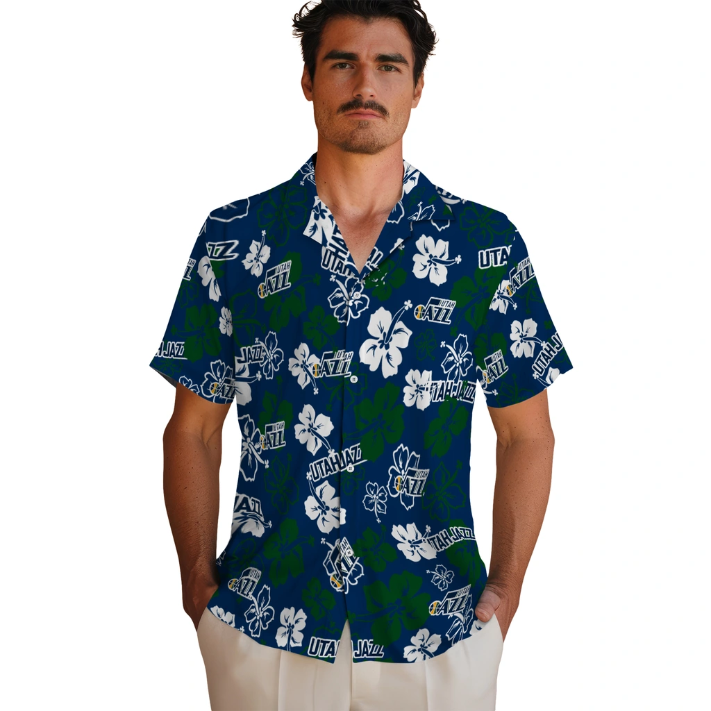 Utah Jazz Hawaiian Shirt - Hibiscus Flower Design utah jazz hibiscus bloom navy hawaiian shirts fashion forward