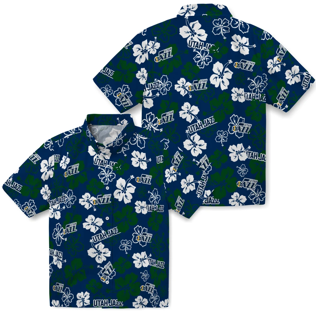 Utah Jazz Hawaiian Shirt - Hibiscus Flower Design utah jazz hibiscus bloom navy hawaiian shirts high quality