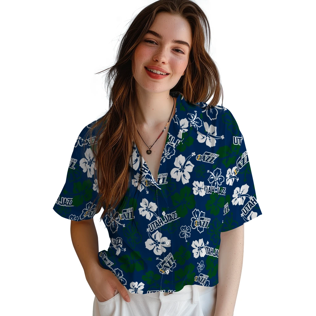 Utah Jazz Hawaiian Shirt - Hibiscus Flower Design utah jazz hibiscus bloom navy hawaiian shirts latest model