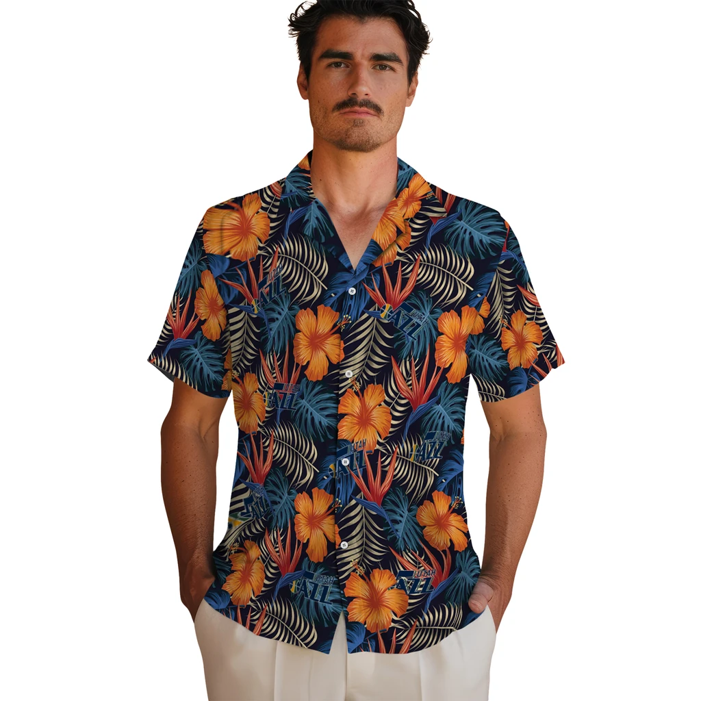 Utah Jazz Hawaiian Shirt - Hibiscus Foliage utah jazz hibiscus foliage hawaiian shirts fashion forward