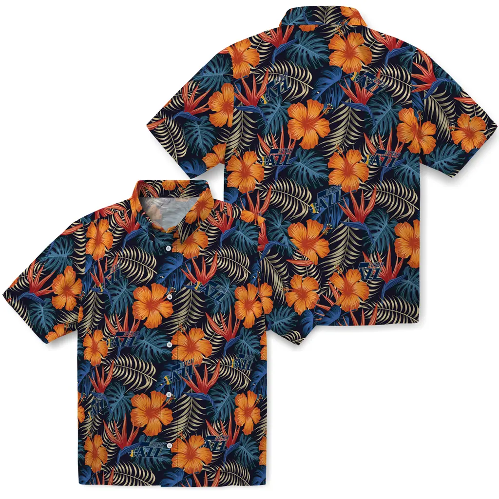 Utah Jazz Hawaiian Shirt - Hibiscus Foliage utah jazz hibiscus foliage hawaiian shirts high quality