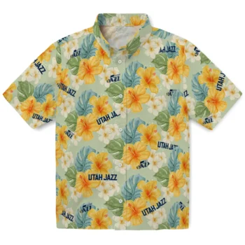 utah jazz hibiscus mood pale lime yellow hawaiian shirts best selling
